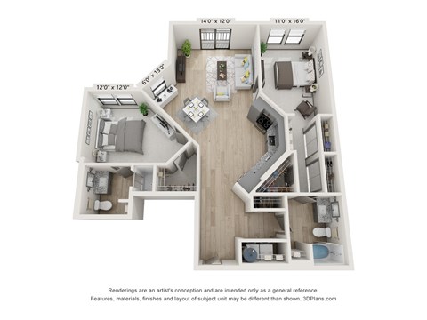 Floor plan for 2 beds, 2 baths, 1202 sqft